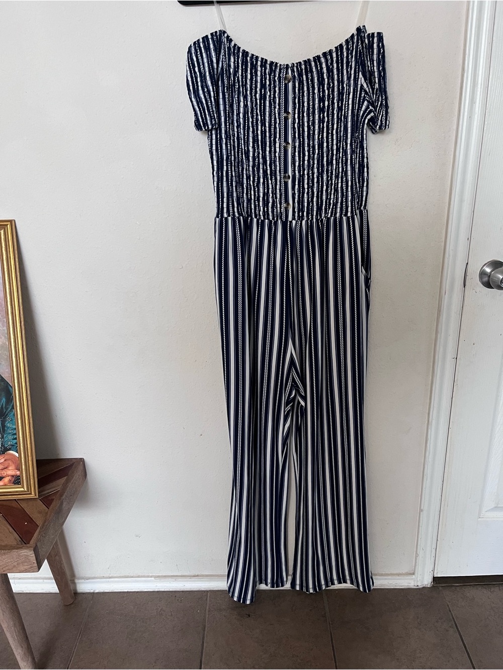 J for Justify Navy and White Striped Off-Shoulder Jumpsuit